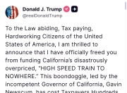 特朗普：将停止为加州高铁项目提供资金 这是一个荒唐且不必要的项目